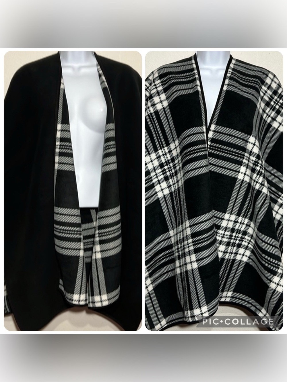 Woolrich Women’s Reversible Black White Plaid Poncho Wrap Winter One Size